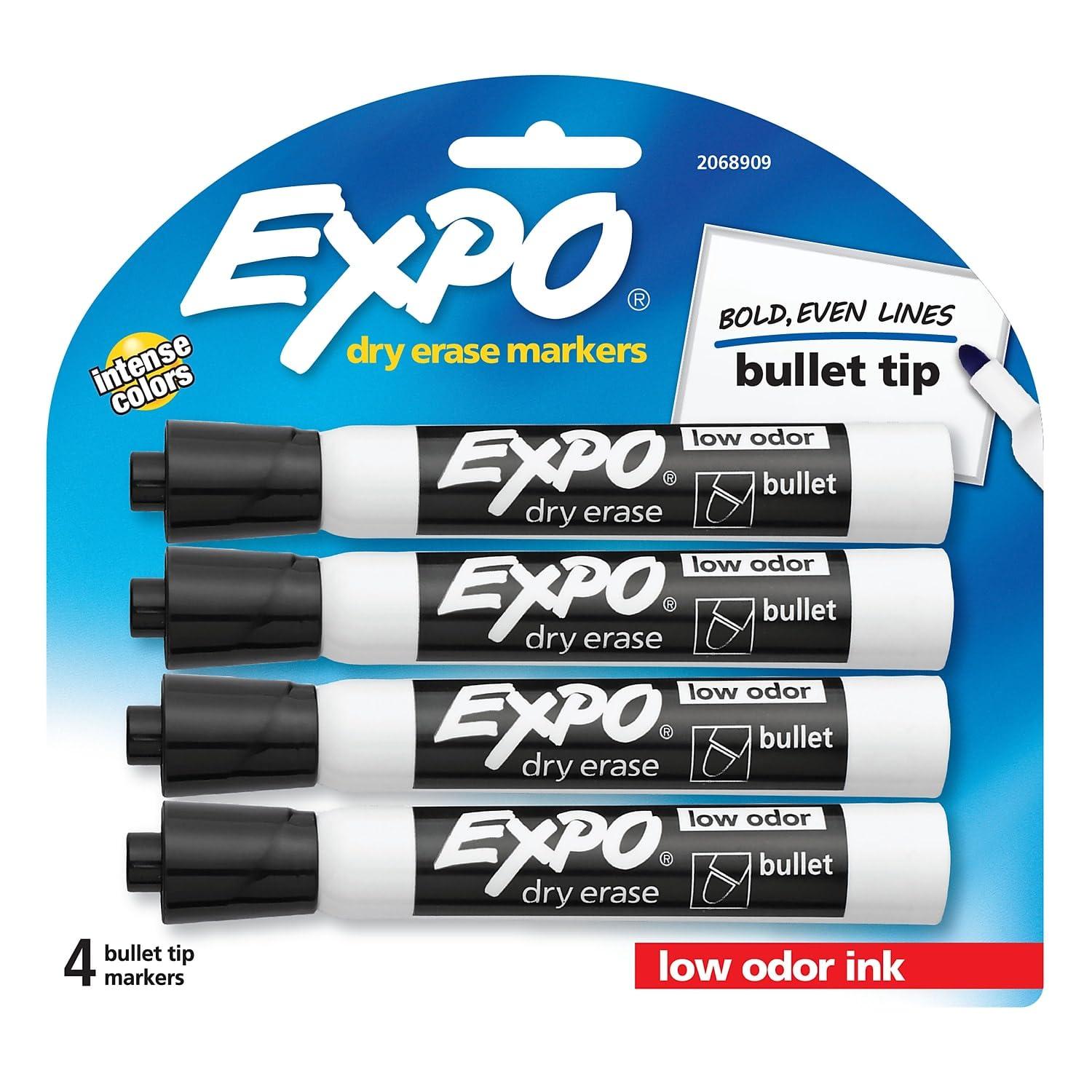 EXPO Low-Odor Dry-Erase Markers, Bullet Tip, Black/White Barrel, Black Ink, Pack Of 4 Markers image
