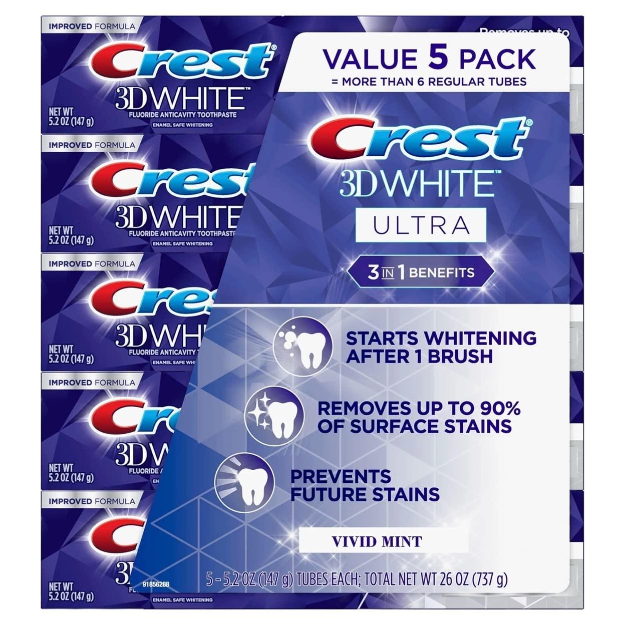 Crest 3D White Ultra Whitening Toothpaste, Vivid Mint (5.2 oz., 5 pk.) image