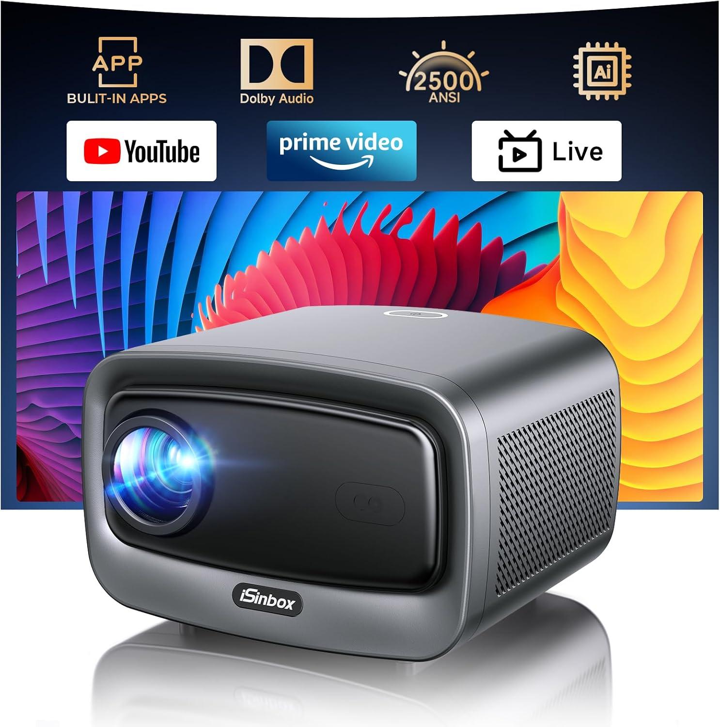 Outdoor Projector 4K with WiFi and Bluetooth [Ultra-High Bright/60W Dolby Audio/Official Licensed Apps], Smart-Projector with AI Auto Focus, Movie Projector for Indoor Home Theater Ceiling image