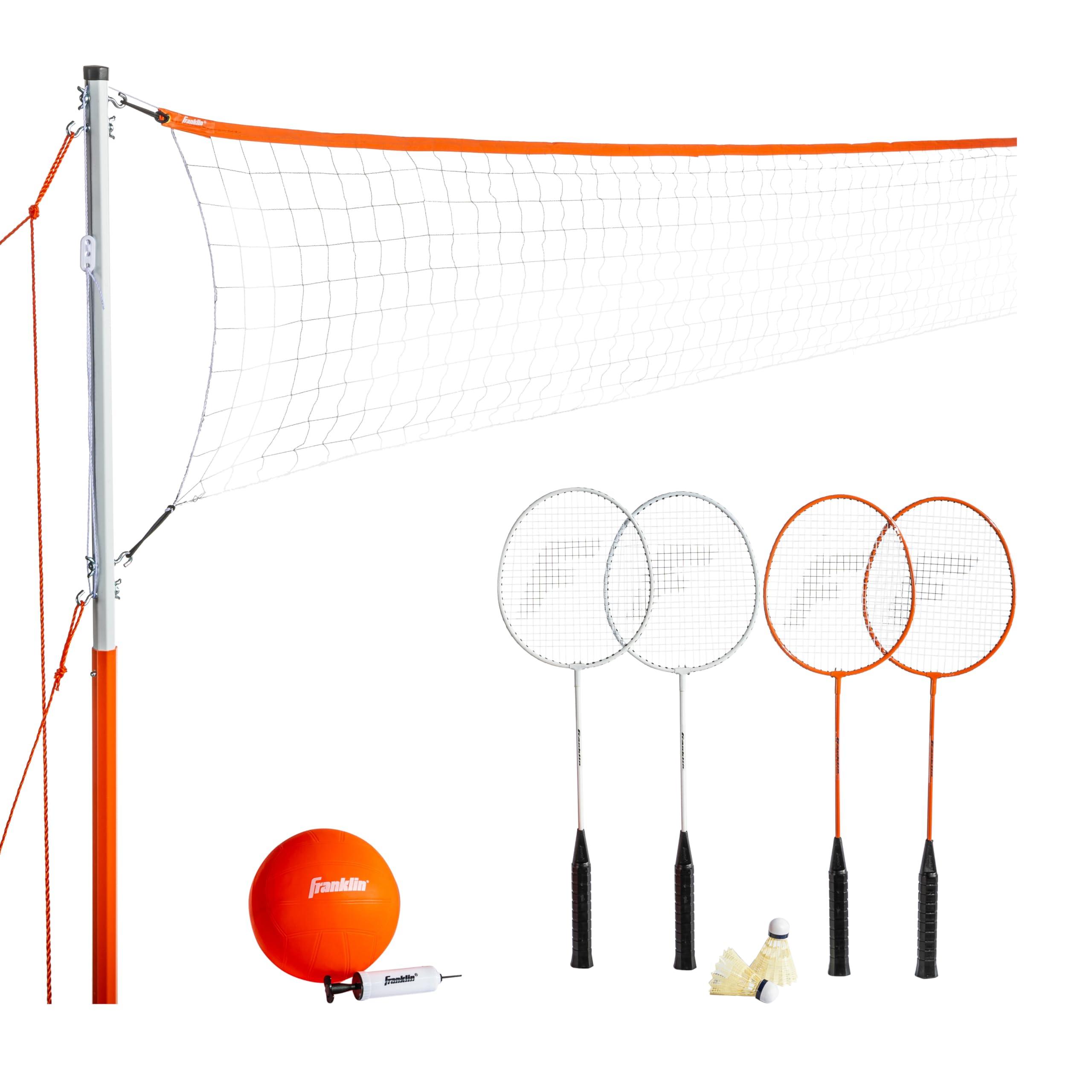 Franklin Sports Volleyball + Badminton Combo Sets - Backyard + Beach Outdoor Volleyball + Badminton Net Set - Portable Badminton + Volleyball Net with Poles - Volleyball, Rackets + Birdies Included image
