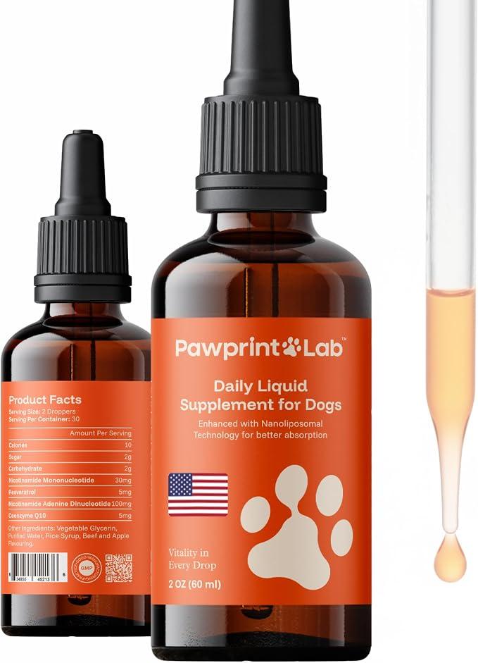PAWPRINT Lab Dog Longevity Supplement NAD+ & NMN - Joint Health, Vitality & Healthy Aging - Nano liposomal Technology - Easy to Give Every Day - Better Absorption - Resveratrol - CoQ10