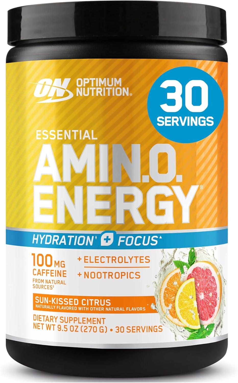 Optimum Nutrition Amino Energy Powder Plus Focus, with BCAA, Electrolytes, and Caffeine, Sunkissed Citrus, 30 Servings (Packaging May Vary) image