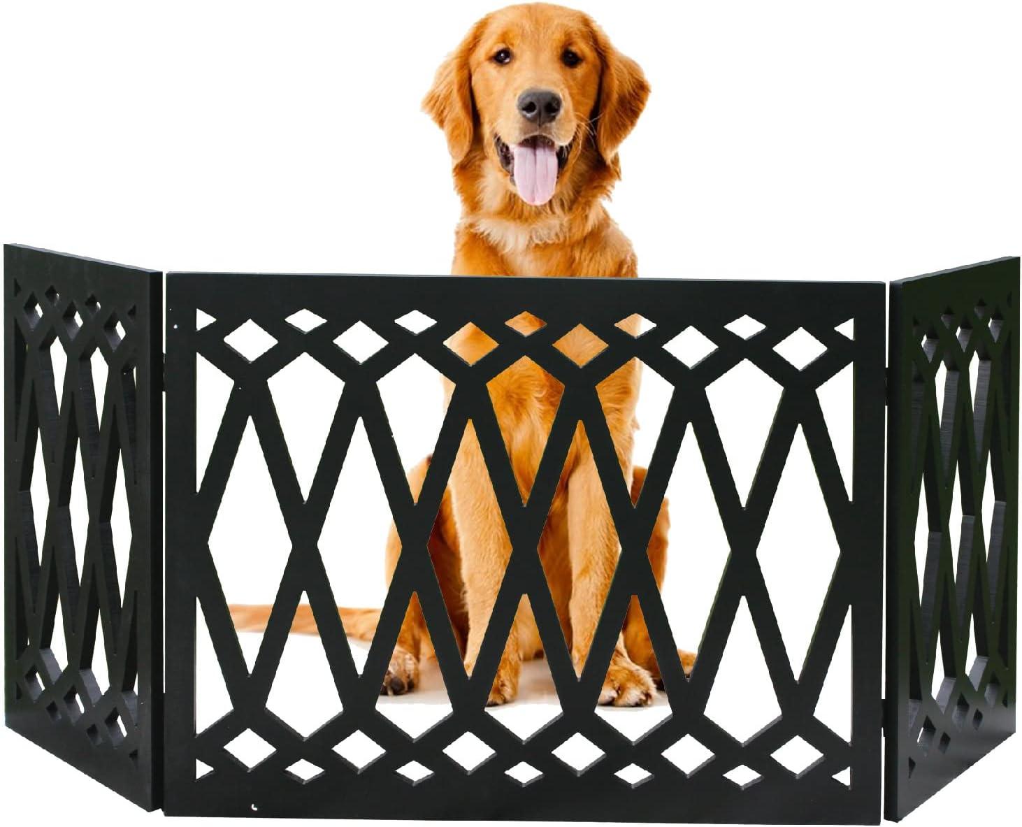 Etna 3-Panel Diamond Design Wood Pet Gate - Decorative Black Tri Fold Dog Fence for Doorways, Stairs - Indoor/Outdoor Pet Barrier - 24-48 Inches Wide x 19 Inches Tall