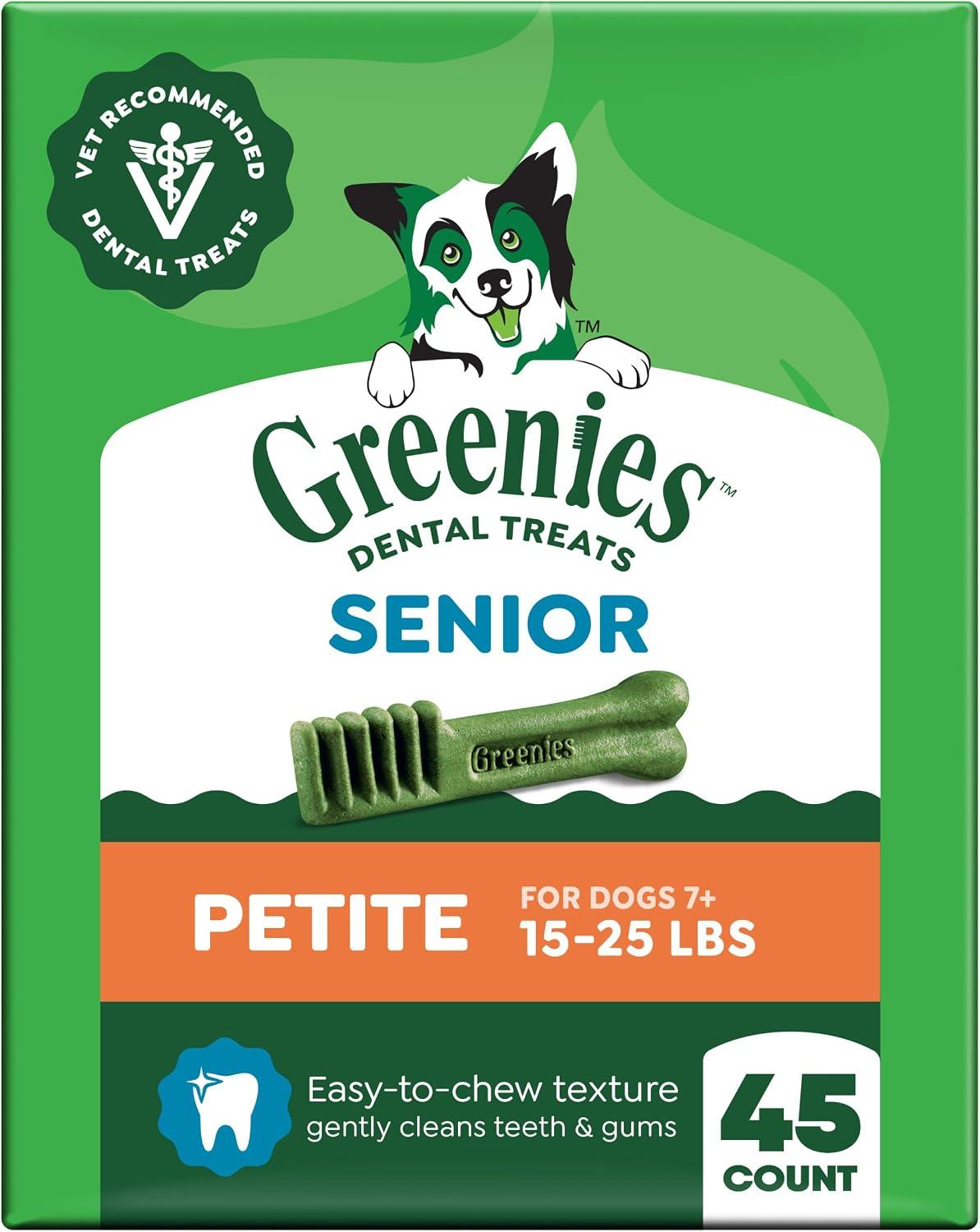 Greenies Senior Petite Size Adult Natural Dental Dog Treats, 45 Count | Vet-recommended, controls plaque & tartar, easy to chew, for dogs 7+ weighing 15-25 lb, chicken flavor, 27 oz. Pack
