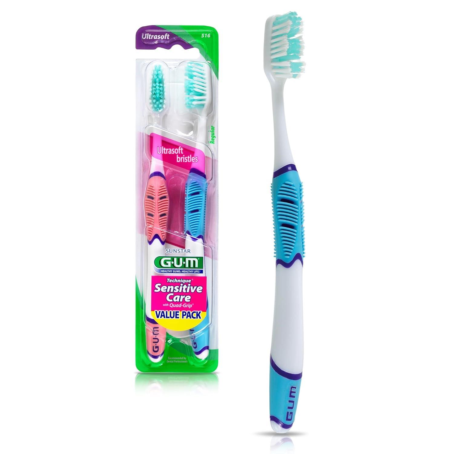 GUM Technique Sensitive Care Toothbrush with Quad-Grip Handle, Full Head & Ultra Soft Dome Trim Bristles for Plaque Removal That’s Gentle on Gums, 2ct image