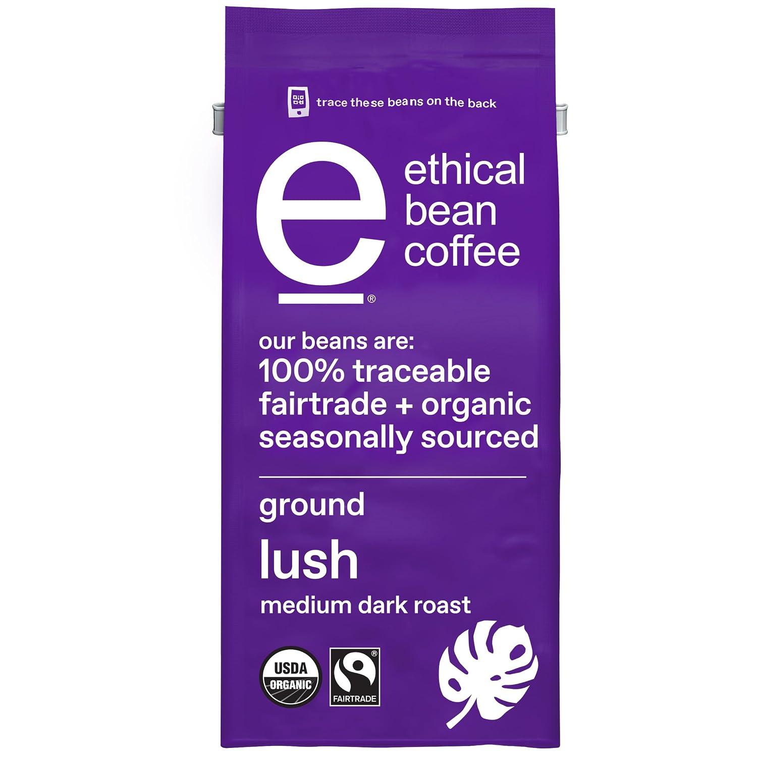 Ethical Bean Organic Ground Coffee, Lush Medium Dark Roast, 8 oz | USDA Organic & Fairtrade Certified, 100% Arabica Ground Coffee, Full-Bodied with Fruit, Smoke & Earthy Notes image