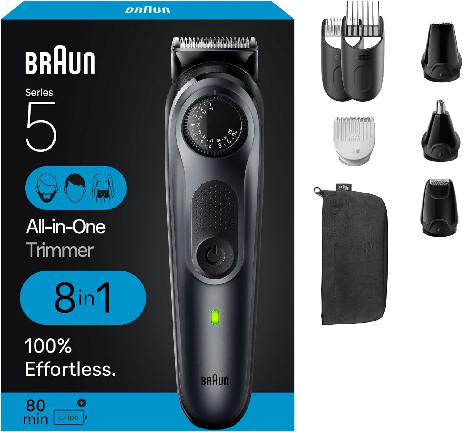 Braun All-in-One Style Kit Series 5 5480, 8-in-1 Trimmer for Men with Beard Trimmer, Body Trimmer for Manscaping, Hair Clippers & More, Ultra-Sharp Blade, 40 Length Settings, Waterproof image
