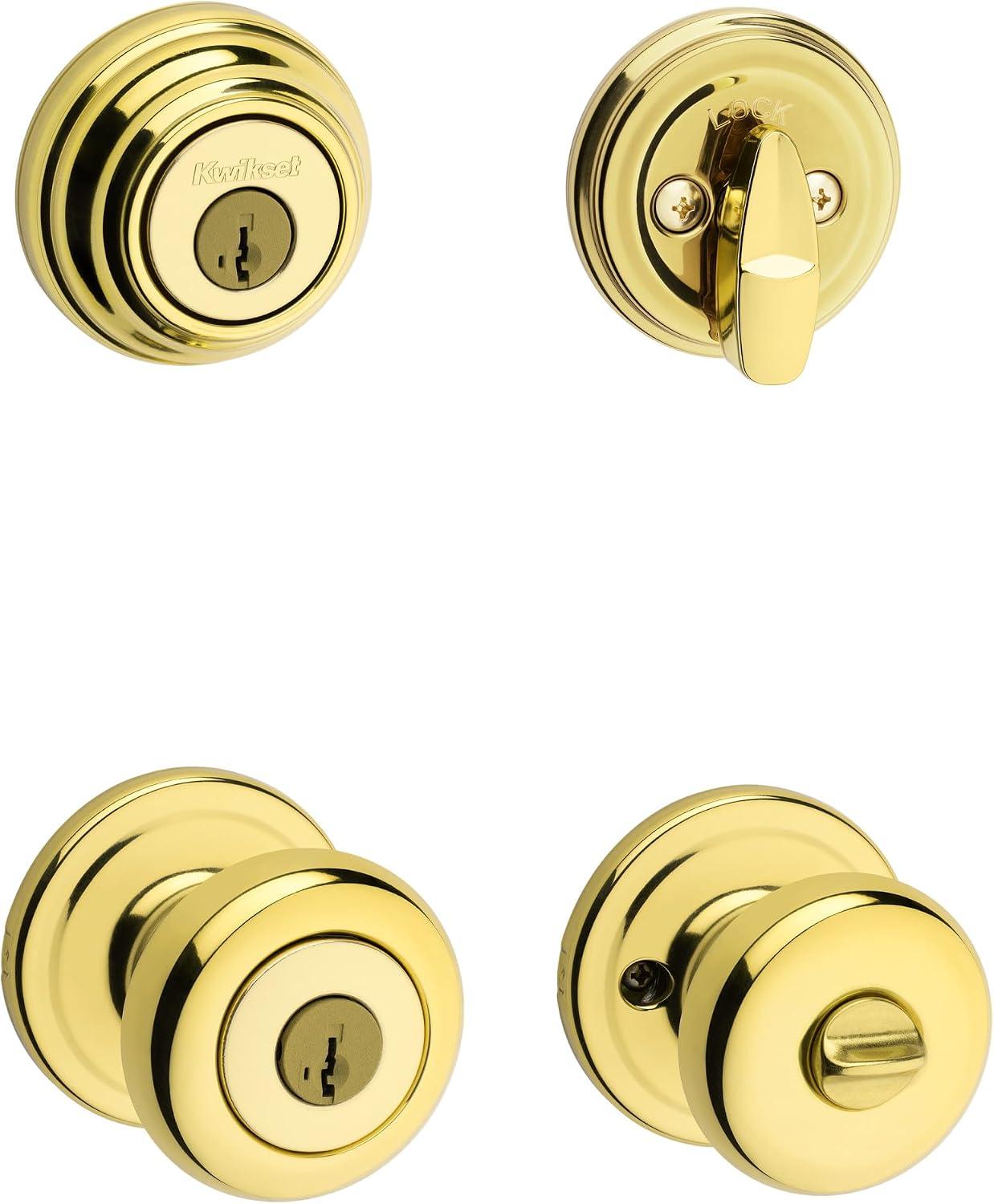 Kwikset Juno Keyed Front Door Knob and Deadbolt Set, Entry Knob Combo Project Pack Exterior with Interior Door Knob, Polished Brass, Pick Resistant SmartKey Rekey Deadbolt Security image