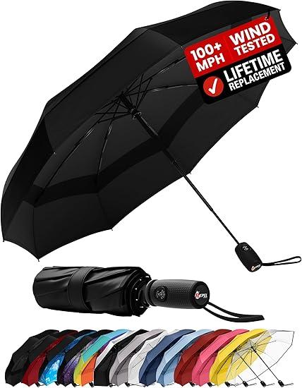 Windproof Travel Umbrella - Compact & Withstands Winds up to 100MPH, Strongest Premium Auto Folding Umbrella for Rain and Sun - Durable, Light & Portable for Women & Men, Fits Backpack & Cars image