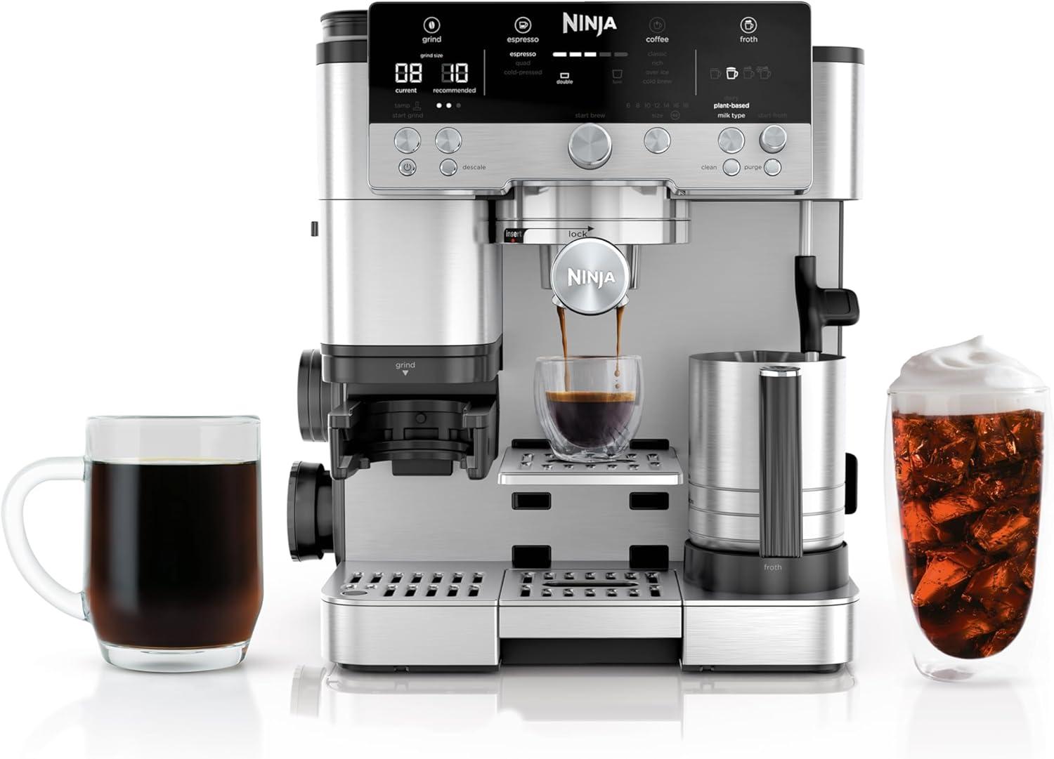 Ninja Luxe Café Premier Series Espresso & Drip Coffee Maker, Stainless Steel, Integrated Grinder, Milk Frother, Espresso Storage