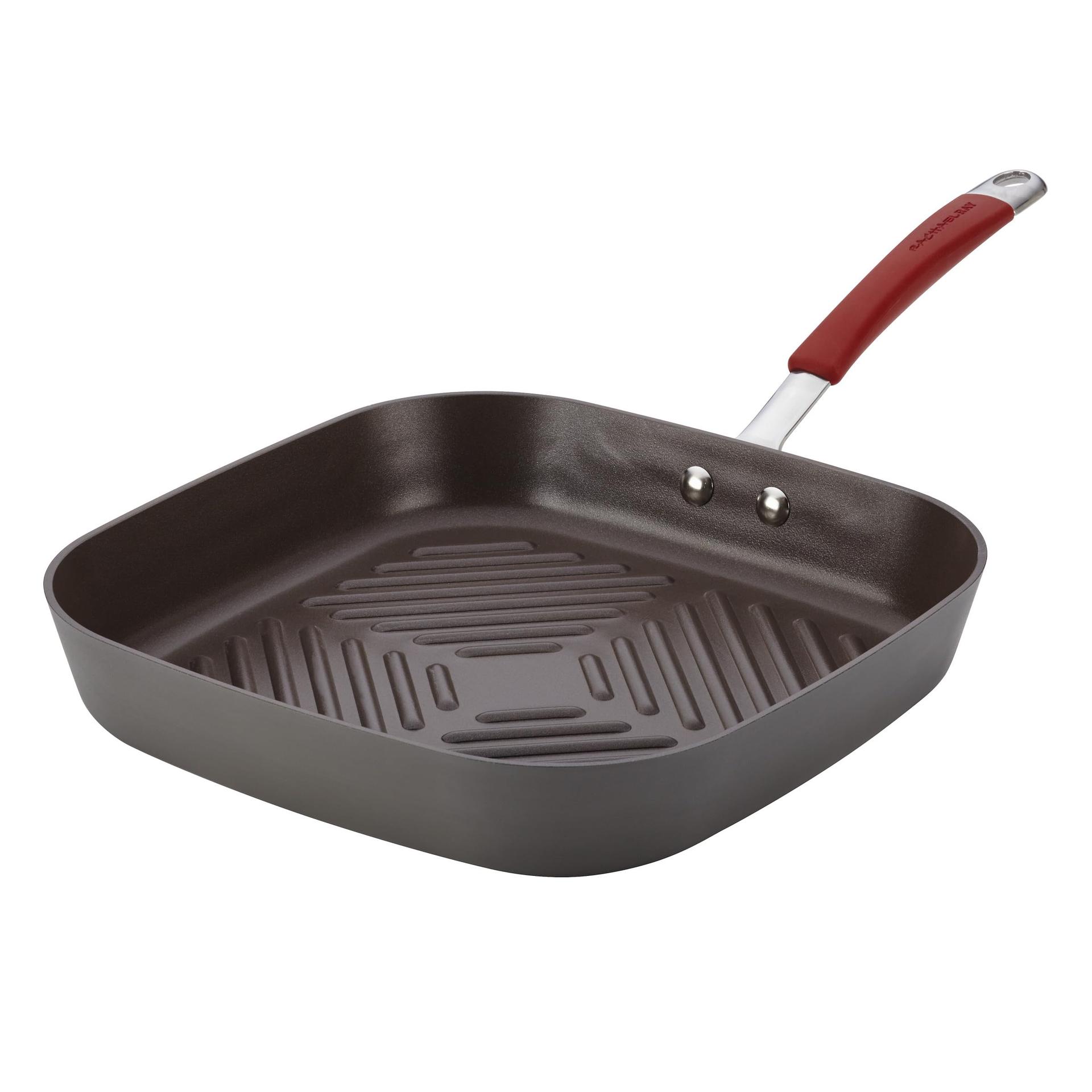 Rachael Ray Cucina Hard-Anodized Nonstick 11-Inch Deep Square Grill Pan, Gray with Cranberry Red Handle - 87632 image