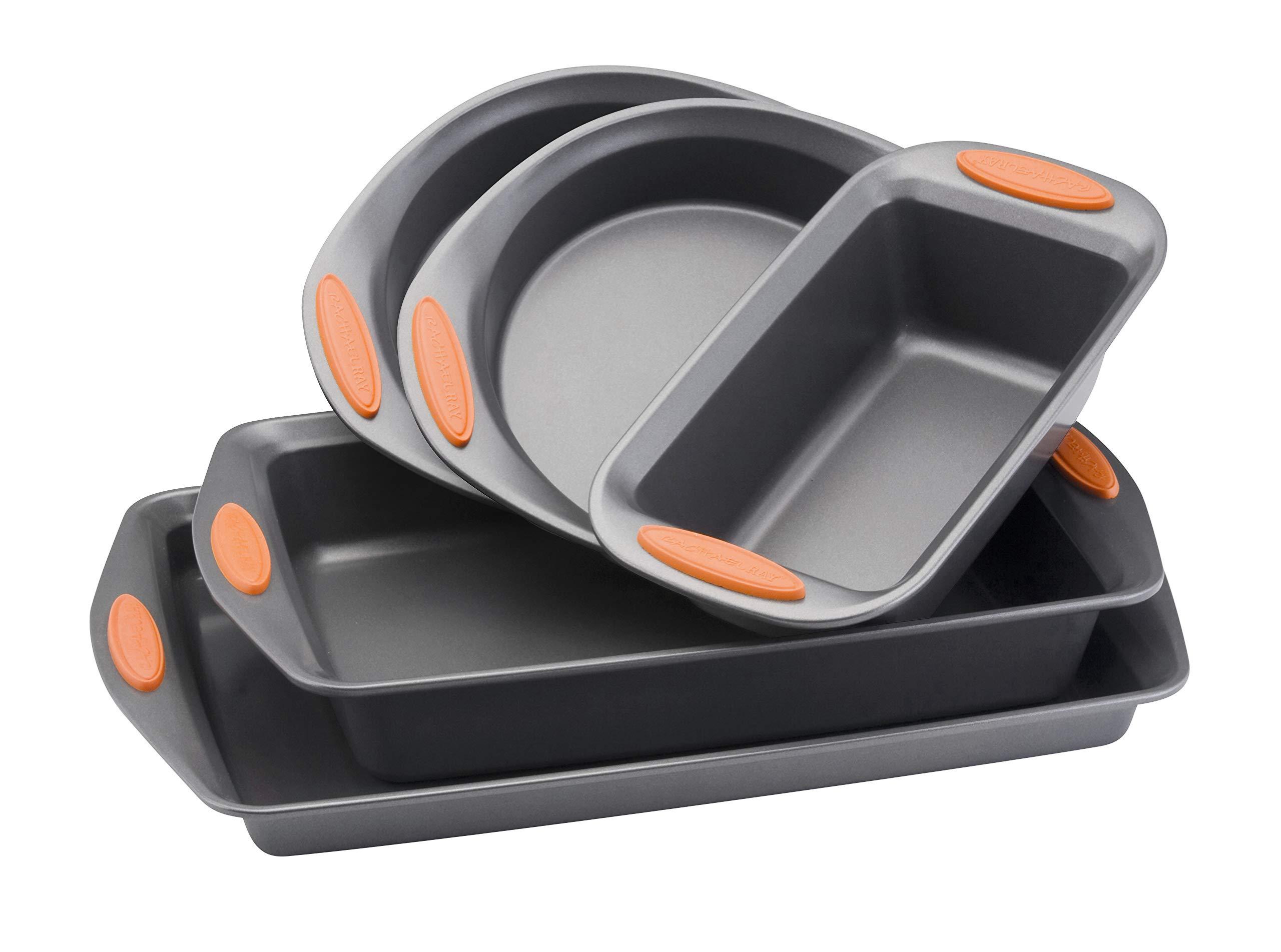 Rachael Ray 55673 Nonstick Bakeware Set with Grips includes Nonstick Bread Pan, Baking Pans and Cake Pans - 5 Piece, Gray with Orange Grips image