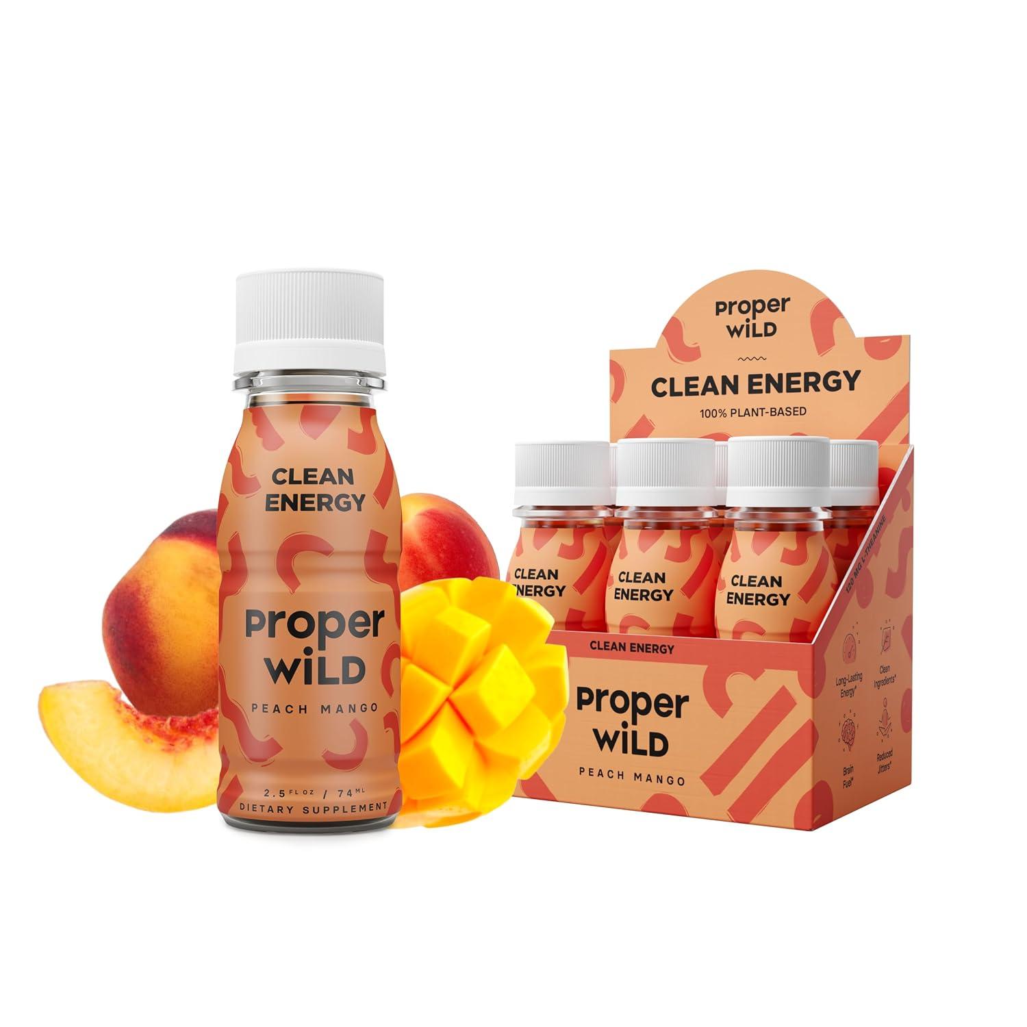 Proper Wild Clean Energy Shots for Focus, Peach Mango, 6-Pack | Reduced Crash and Jitters, 100mg Natural Caffeine Shots with L-Theanine, Plant-Based, No Artificial Sweeteners, 2.5 Fl Oz