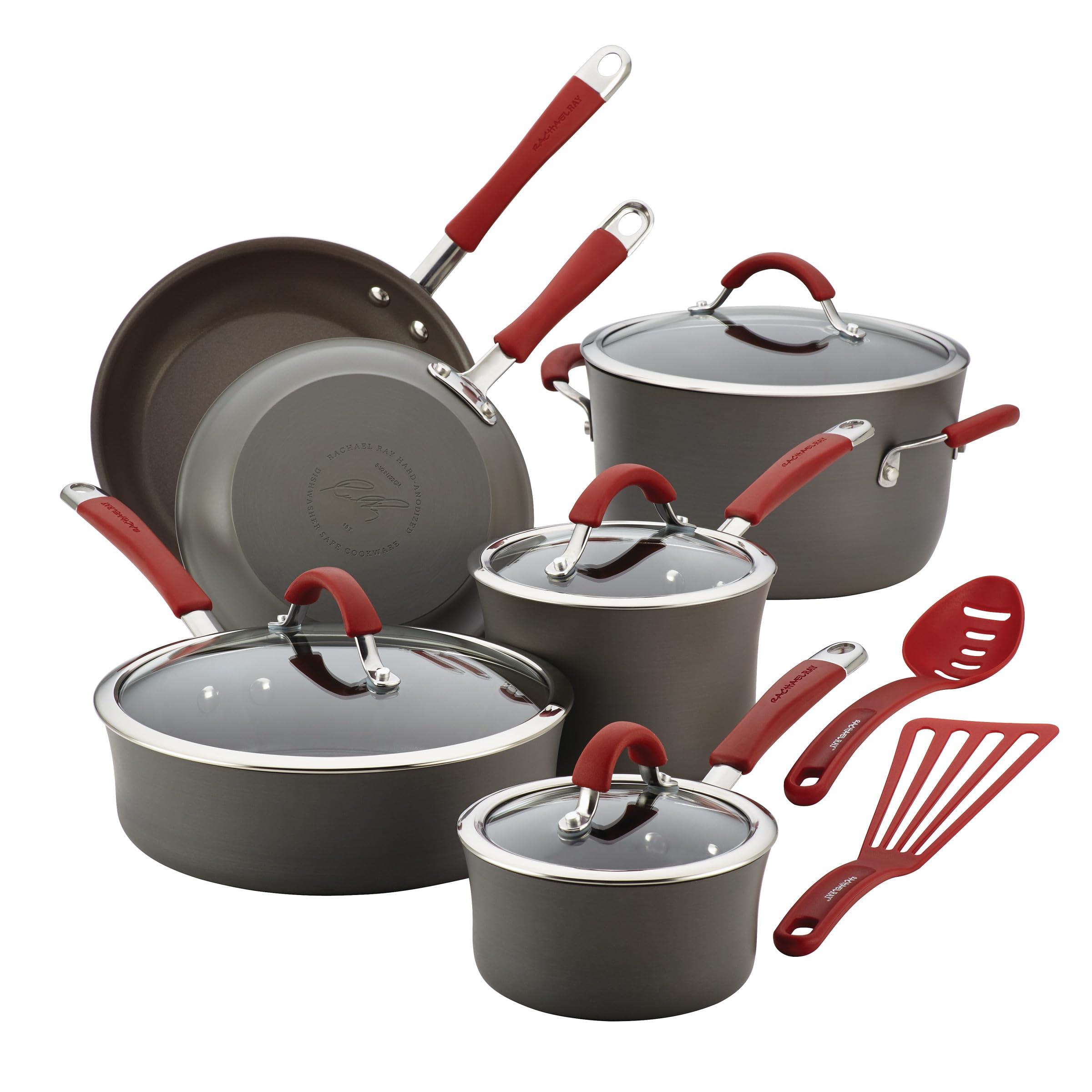 Rachael Ray - 87630 Rachael Ray Cucina Hard Anodized Nonstick Cookware Pots and Pans Set, 12 Piece, Gray with Red Handles image