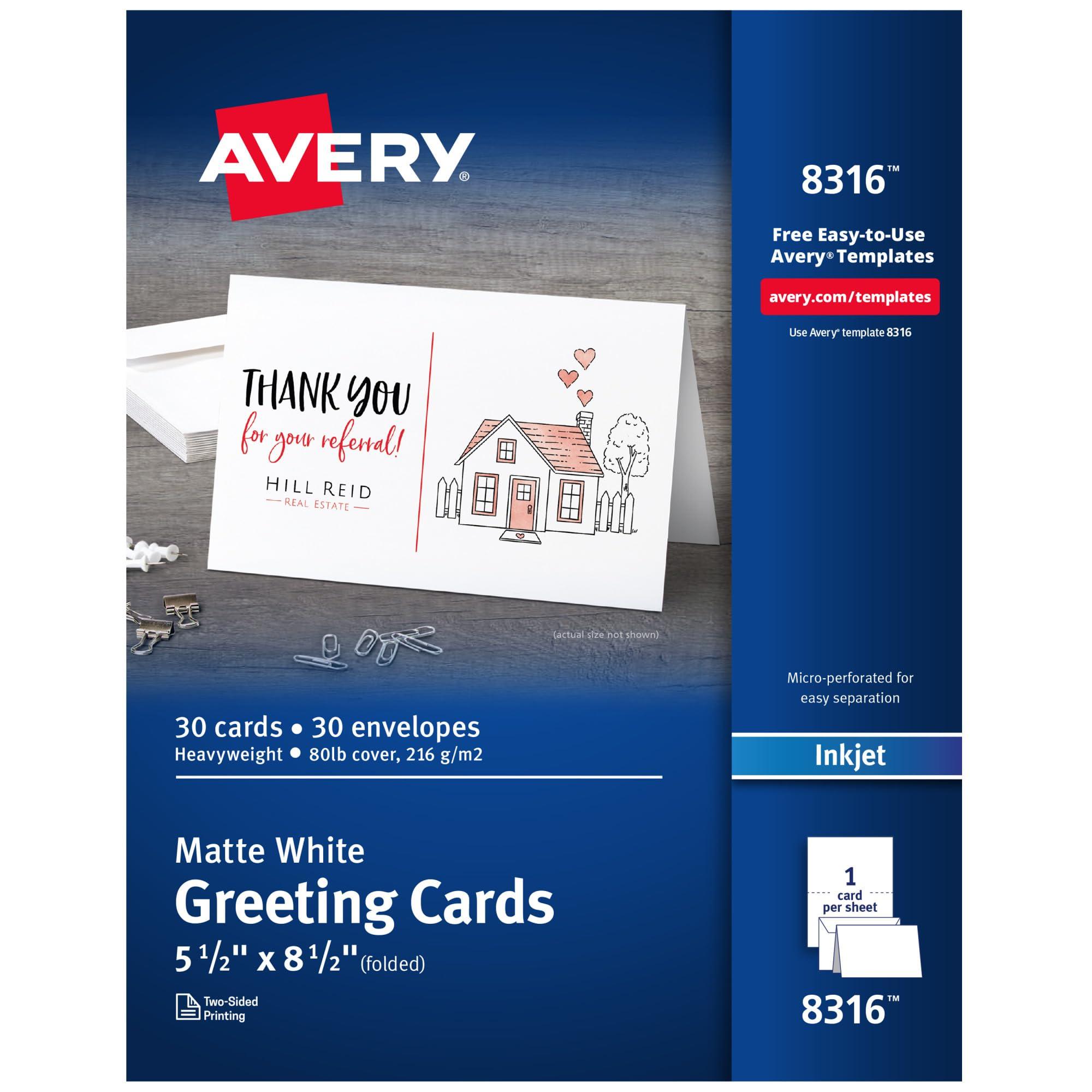 Avery Printable Half-Fold Greeting Cards, Envelopes Included, 5.5" x 8.5", Matte White, Inkjet Printer Compatible, 30 Blank Cards Total, Great for Product Branding, Marketing, and More (8316) image