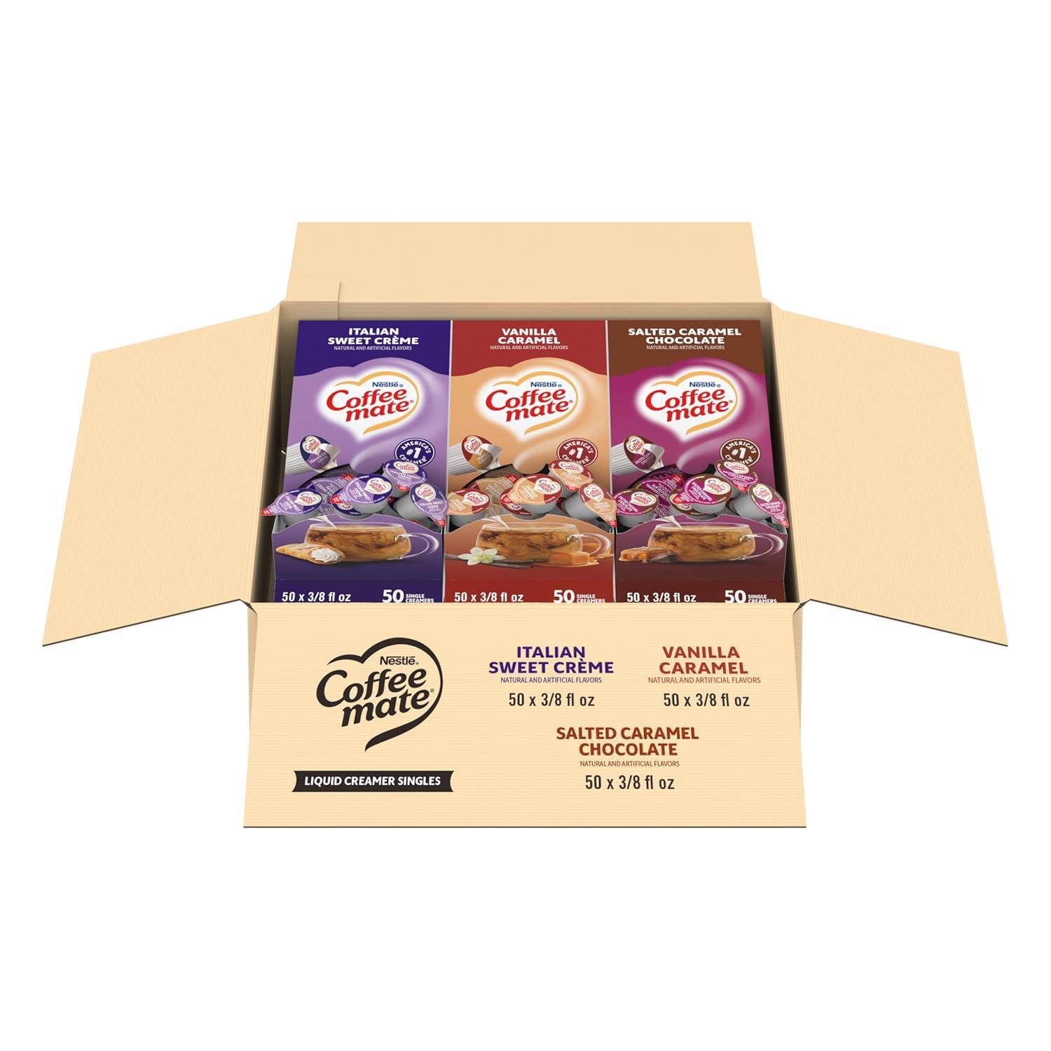 Nestle Coffee mate Creamer Singles Variety Pack 0.37oz, 150Ct-50 per Flavor | Liquid creamer, no refrigeration, creamer tubs, Italian Sweet Creme, Salted Caramel Chocolate and Vanilla Caramel flavors