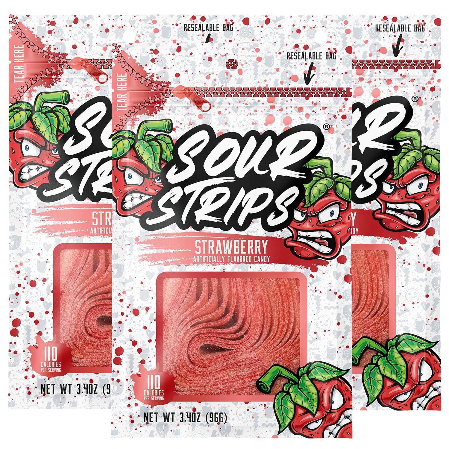 Sour Strips Sour Candy Belts, Strawberry, Resealable Candy Bags, 3.4 Ounce (Pack of 3)