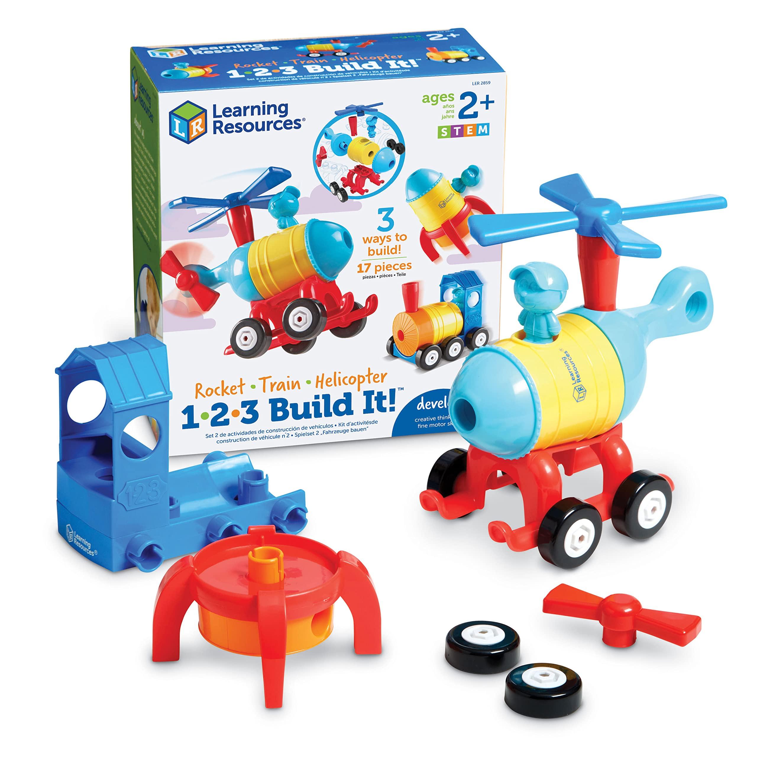 Learning Resources 1-2-3 Build It! Rocket-Train-Helicopter - 17 Pieces, Ages 2+, Creative Thinking, Toddler Building, STEM, Early Engineering Toys image