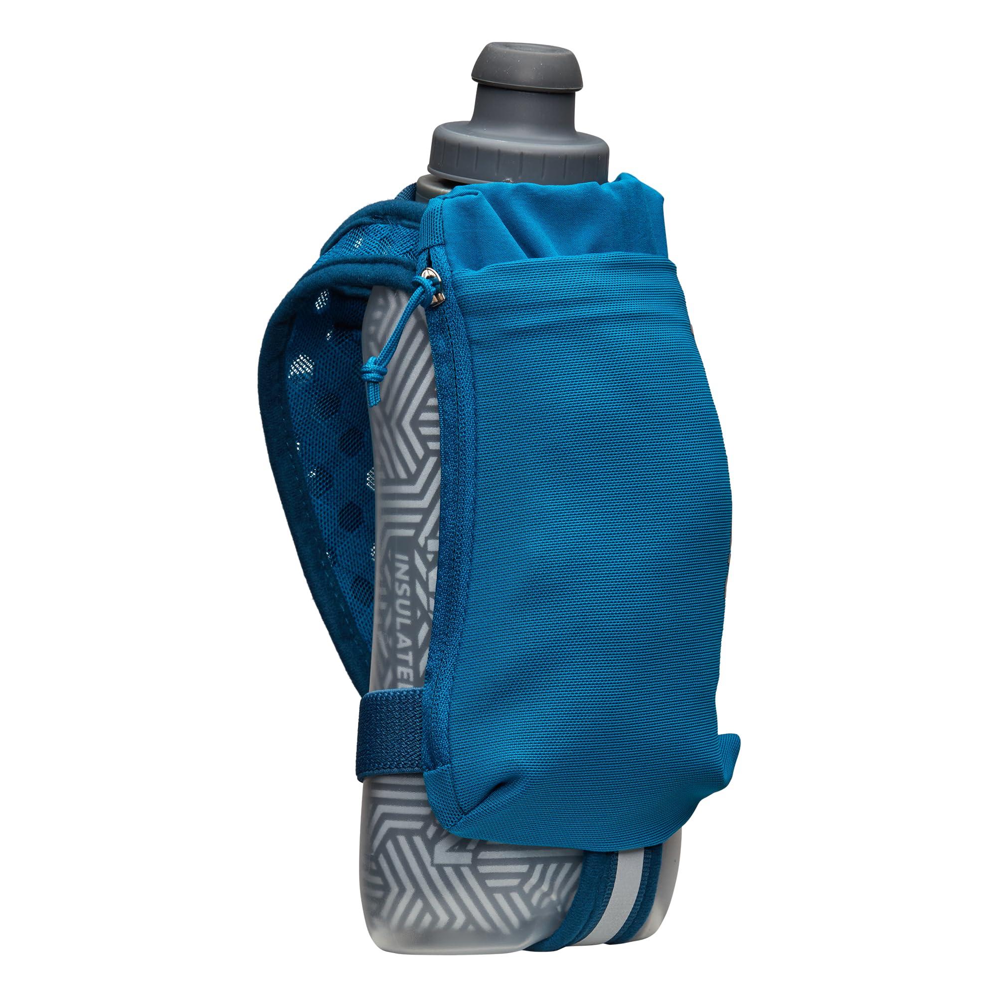 Nathan SpeedDraw 2 Insulated Handheld Running Water Bottle Flask - Double-Wall Insulation, Ergonomic Grip, Blast Valve Cap, Phone & Key Storage Pockets, Reflective Design - 18oz, Deep Blue image