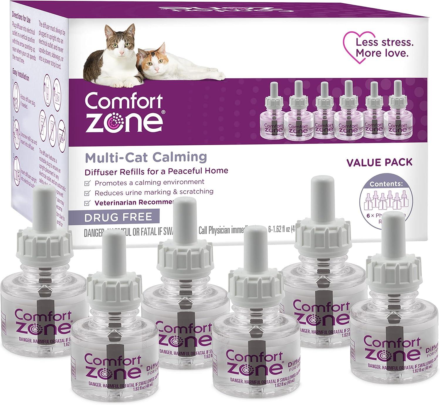 COMFORT ZONE Multi Cat Calming Diffuser Refill, 6 Pack - Cat Calming Pheromone Refills Help Reduce Anxiety, Stress, Scratching, , (30-Day Refills, 180-Day Supply)