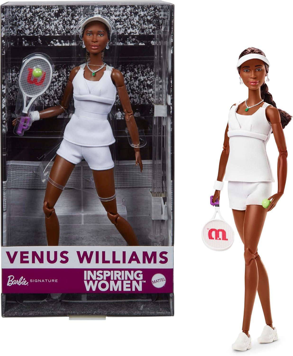 Barbie Inspiring Women Series, Venus Williams Fashion Doll with Signature Tennis Uniform and Racket, Includes Displayable Packaging image