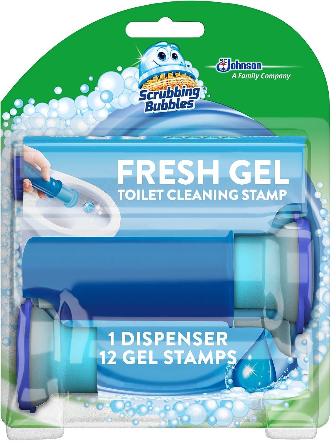 Scrubbing Bubbles Fresh Gel Toilet Cleaning Stamp, Rainshower, Dispenser with 12 Gel Stamps, 2.68 oz image
