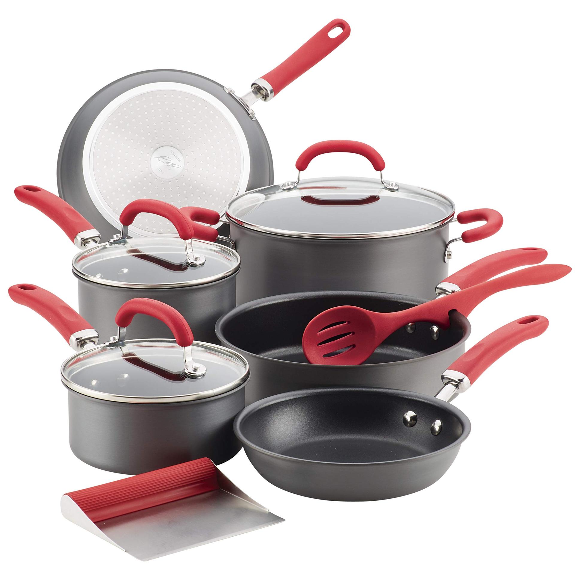 Rachael Ray Create Delicious Hard Anodized Nonstick Cookware Pots and Pans Set, 11 Piece, Red Handles image