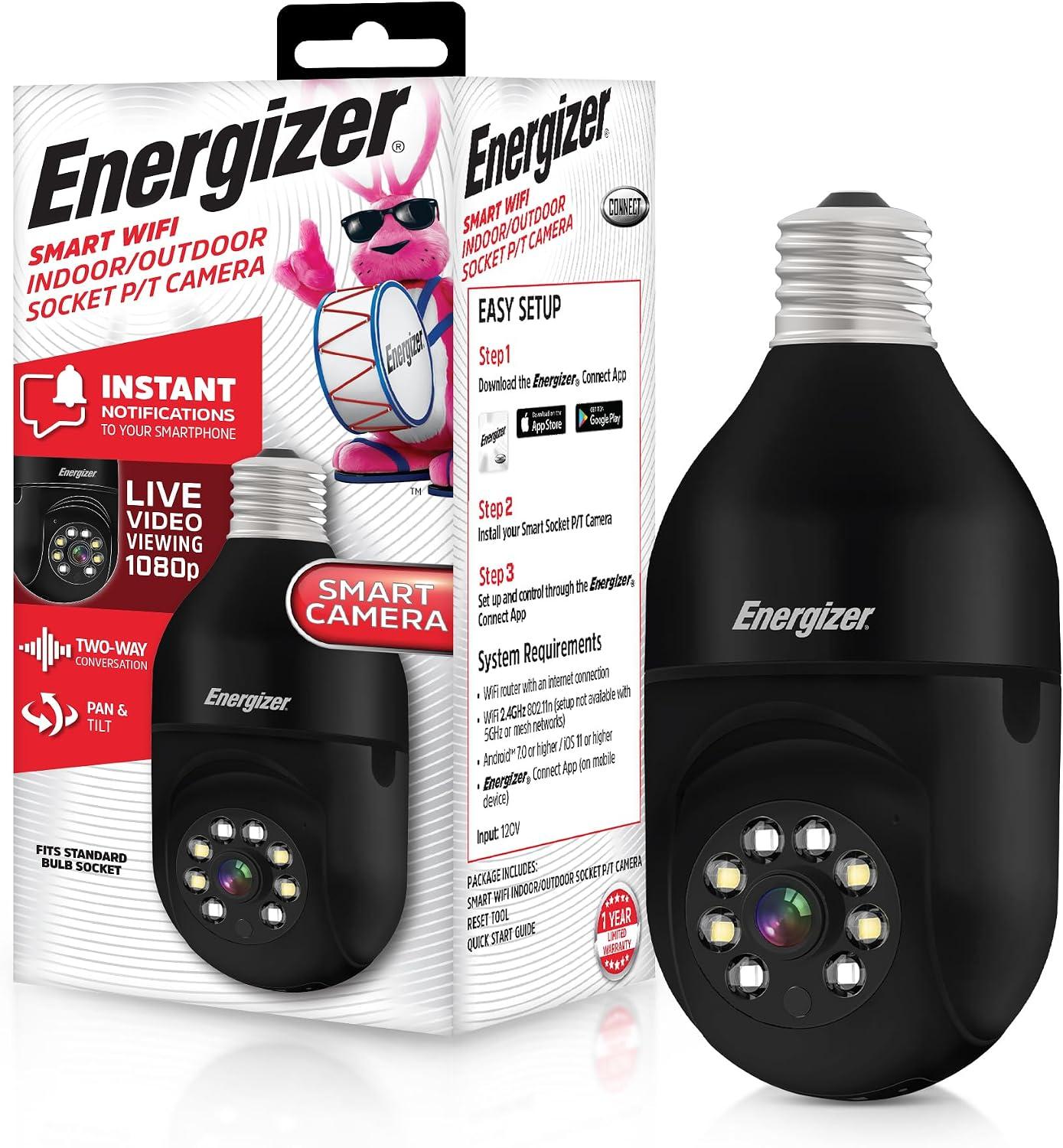 Energizer Connect Smart 1080p HD Outdoor Security Socket Camera with Siren Alarm, Remote Access, Motion Alerts, 2 Way Audio and Night Vision, 2.4GHz Wi-Fi, Black image