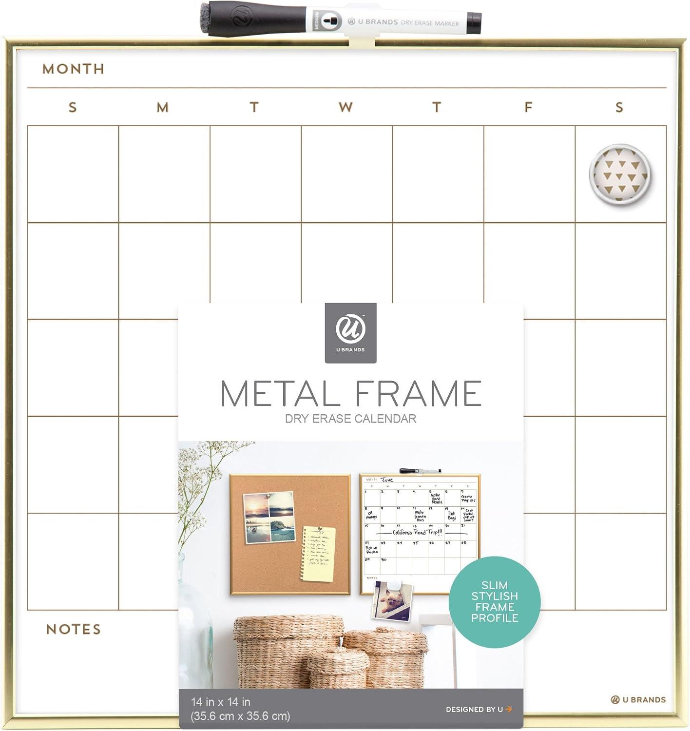 U Brands Magnetic Dry Erase Calendar White Board, Includes Marker and Magnets, White Surface with Gold Tone Printing and Frame, 14" x 14", 1 Count image