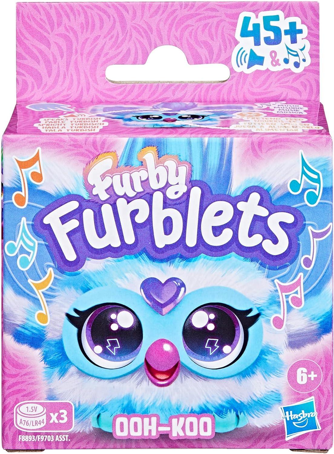 Furby Furblets Ooh-Koo Mini Friend, Rock Music, Speaks Only Furbish, Electronic Plush Toys for Girls & Boys, Interactive Pets, Blue & White, Easter Basket Stuffers, Ages 6+