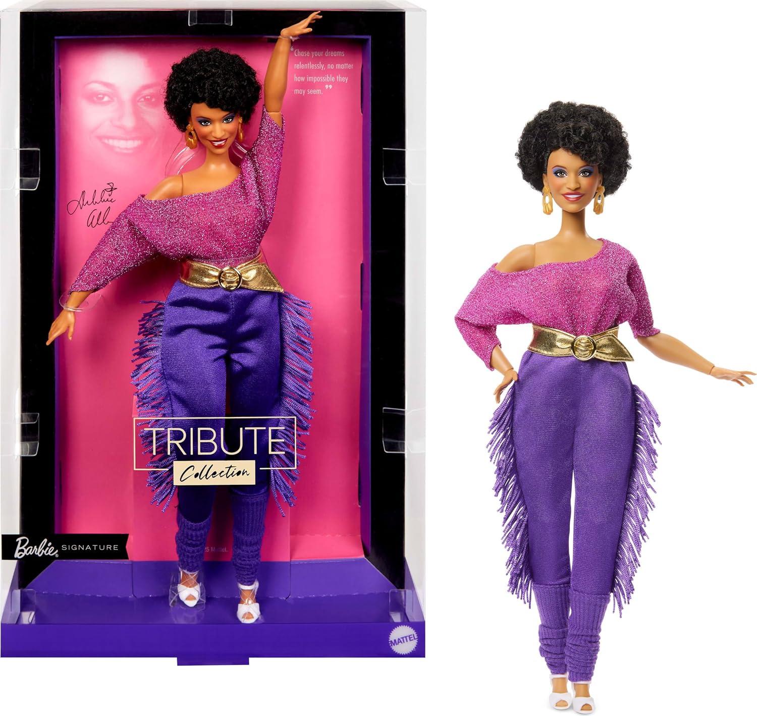 Barbie Signature Doll, Debbie Allen Tribute Collection Posable Doll with Off-Shoulder Top, Gold Belt, and Purple Fringe Pants with Leg Warmers image