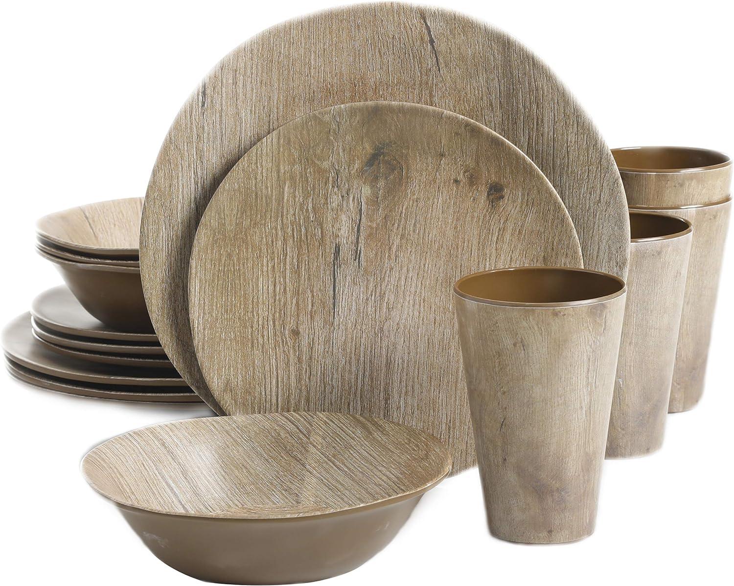 Gibson Home Woodlands Round Melamine Plastic Dinnerware Set, Service for Four (16pcs), Wood image