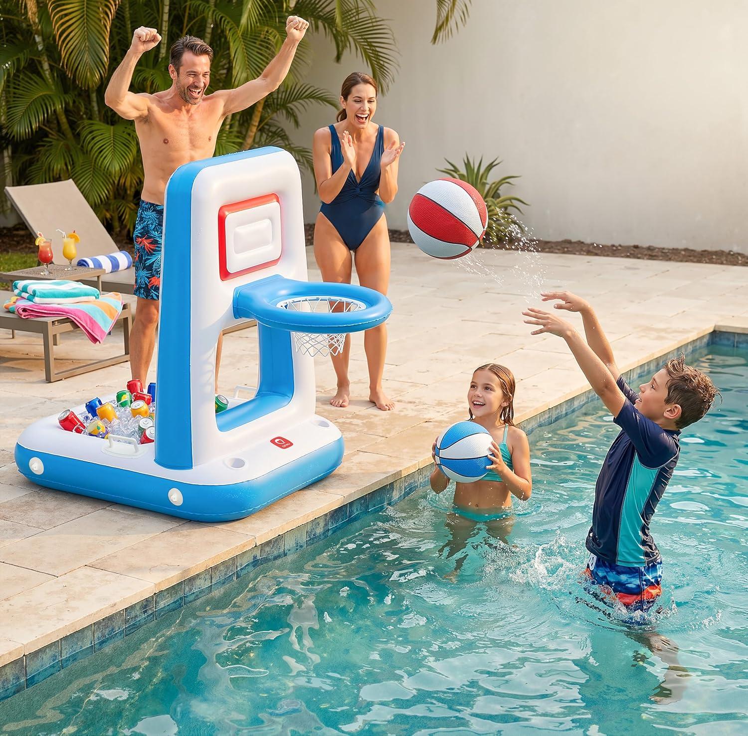 QPAU Pool Basketball Hoop with Built-in Cooler, 42" Poolside & Floating Inflatable Basketball Hoop for Family Pool Party - Swimming Pool Games for Kids & Adults, Includes 2 Balls & Pumps image