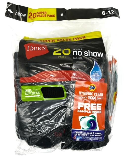 #9-H-4437T 'Hanes' Black No Show Socks - $9.00 per 20 pair pack (12 Packs)