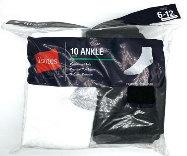 #9-H-9500-Q 'Hanes' Ankle Sock (Black & White) - $5.50 Per Pack of 10 (11 Packs) image