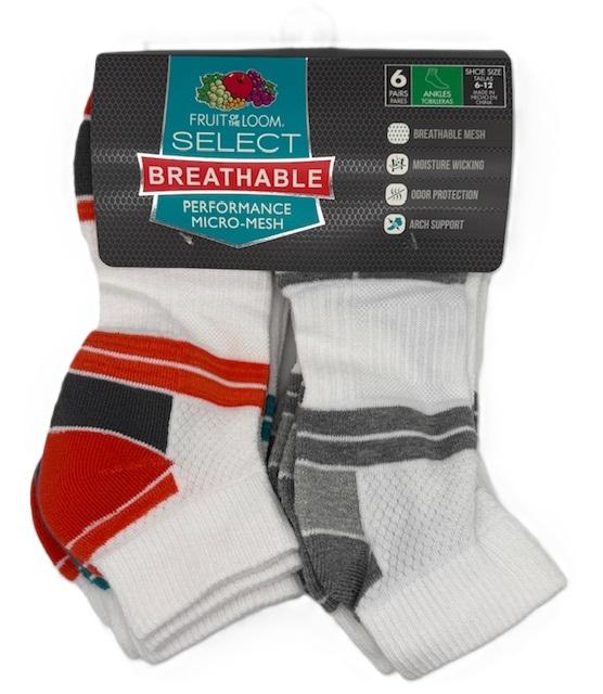 #9-F-10308-WH-1 Men's 'Fruit of the Loom' Breathable Ankle Socks - $3.25 Per 6 Pair Pack (12 Packs) image