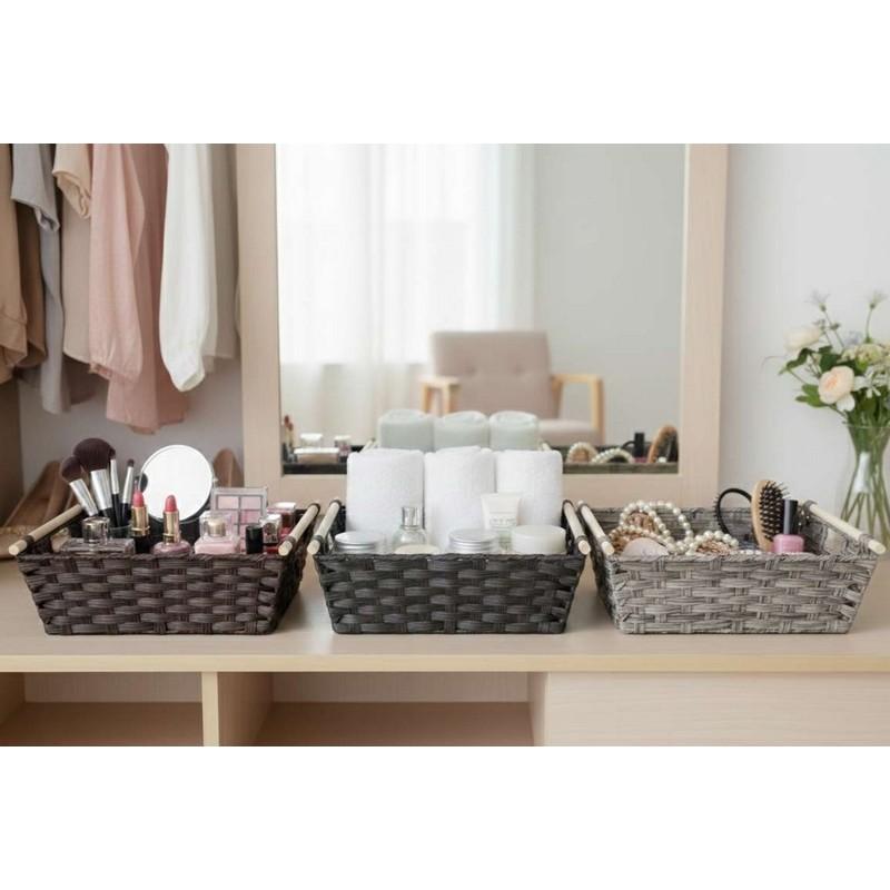 CH88994_LARGE WEAVED WOVEN STORAGE BASKET /13"x15"x5" WITH WOOD HANDLE -12 image