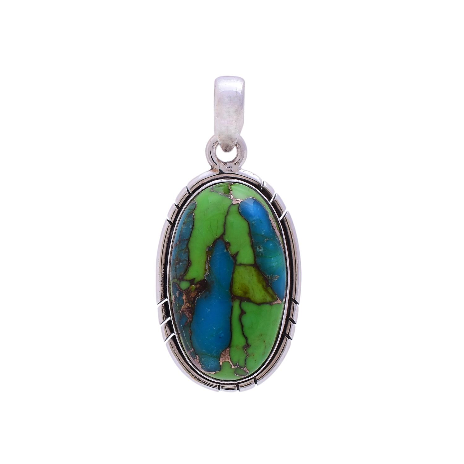 Sterling Silver Green Copper Turquoise Oval Pendant (INDP-274) image