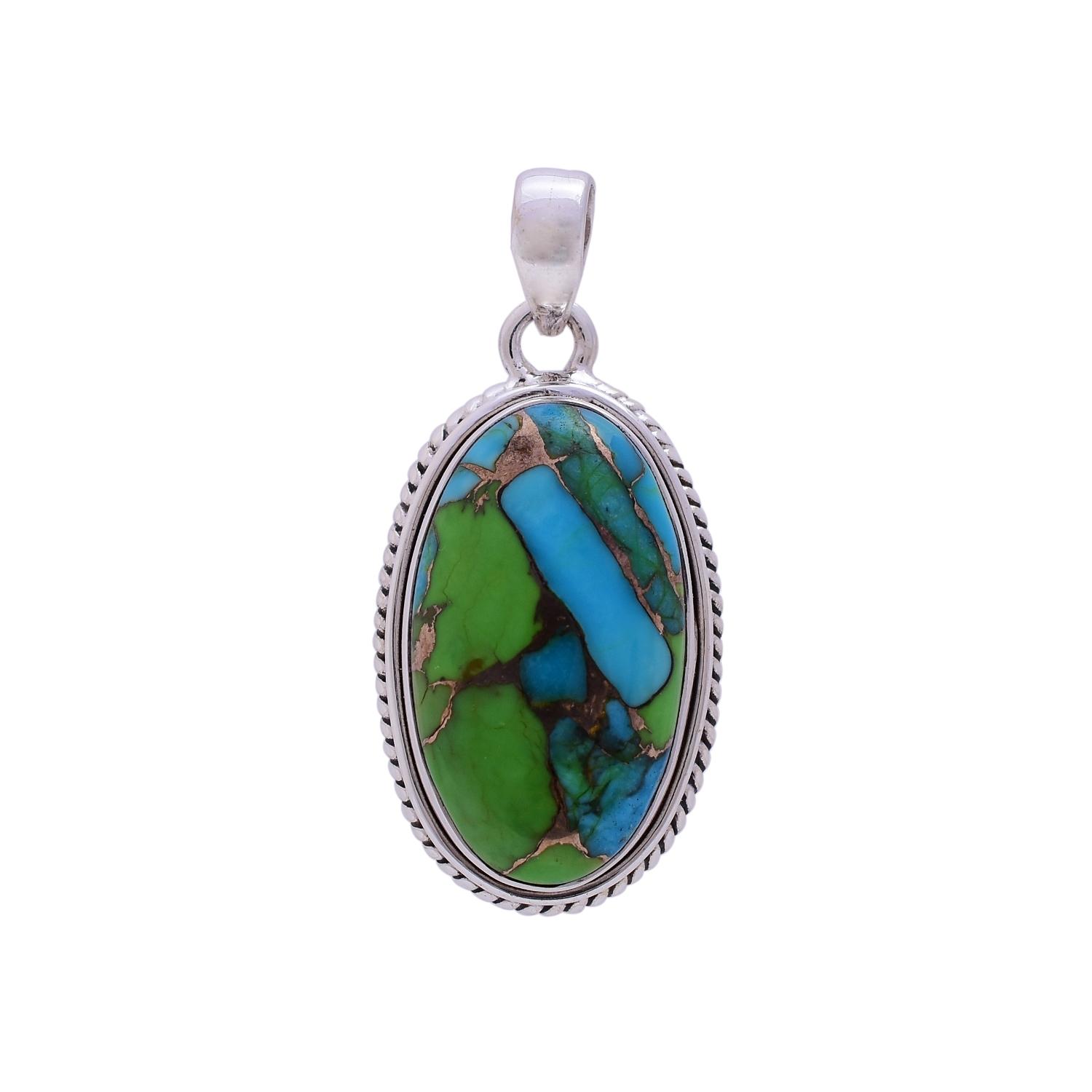 Sterling Silver Green Copper Turquoise Oval Pendant (INDP-276) image