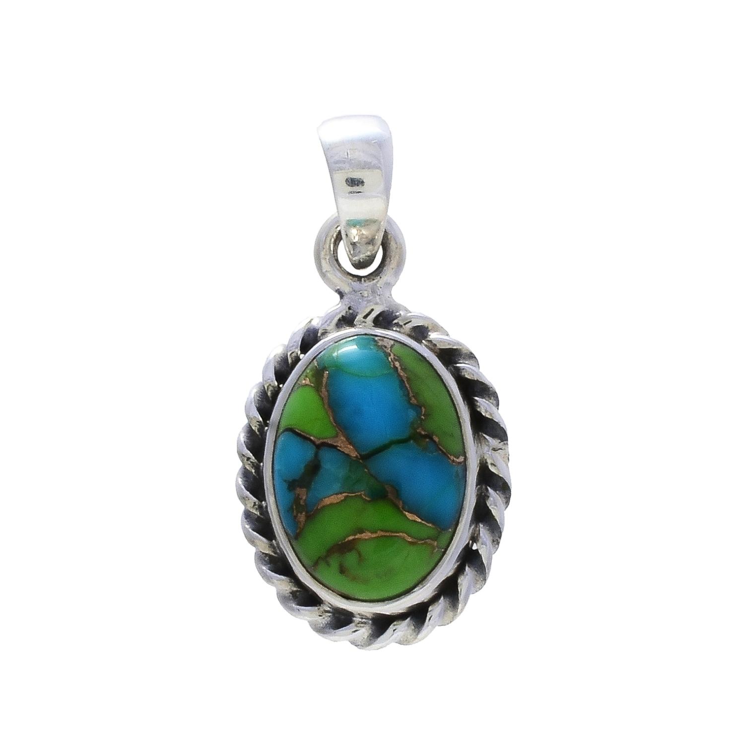 Sterling Silver Green Copper Turquoise Oval Pendant (INDP-264) image