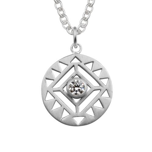 Sterling Silver Round Pendant with Diamond Pattern Cut-out and White CZ Center image