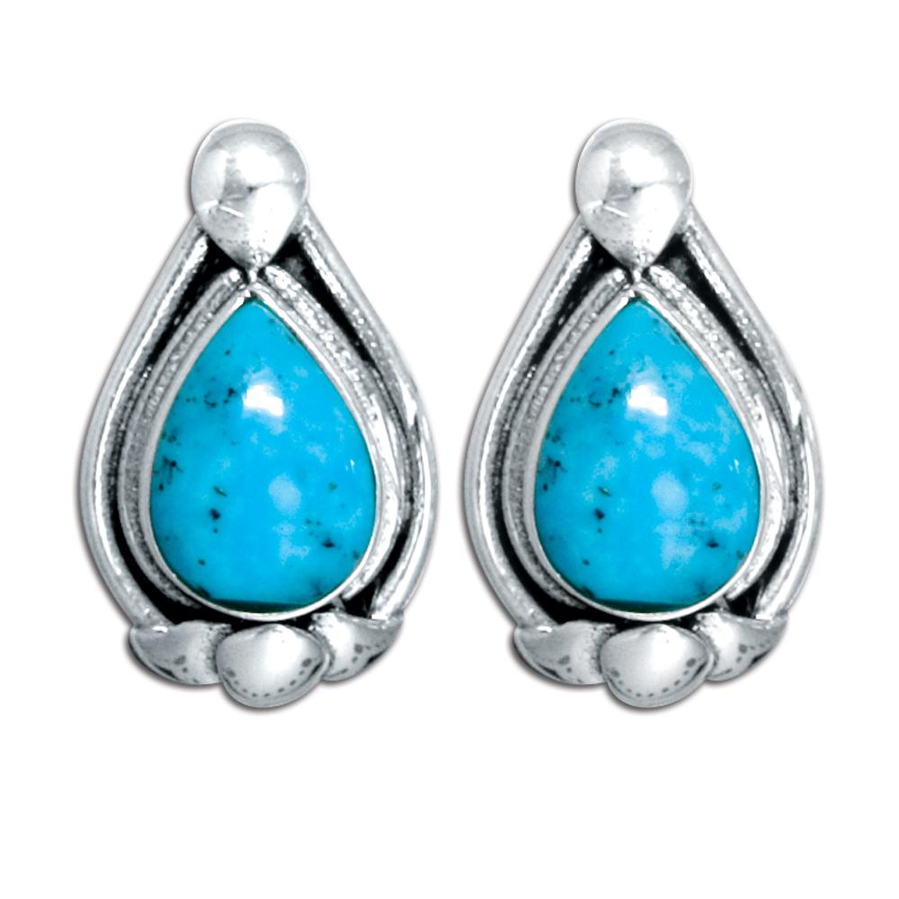 Sterling Silver Tear Drop Stud Earrings with Genuine Turquoise image