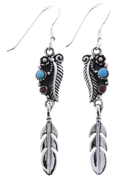 Sterling Silver Feather Dangle Earrings with Genuine Turquoise (NWE-1122) image