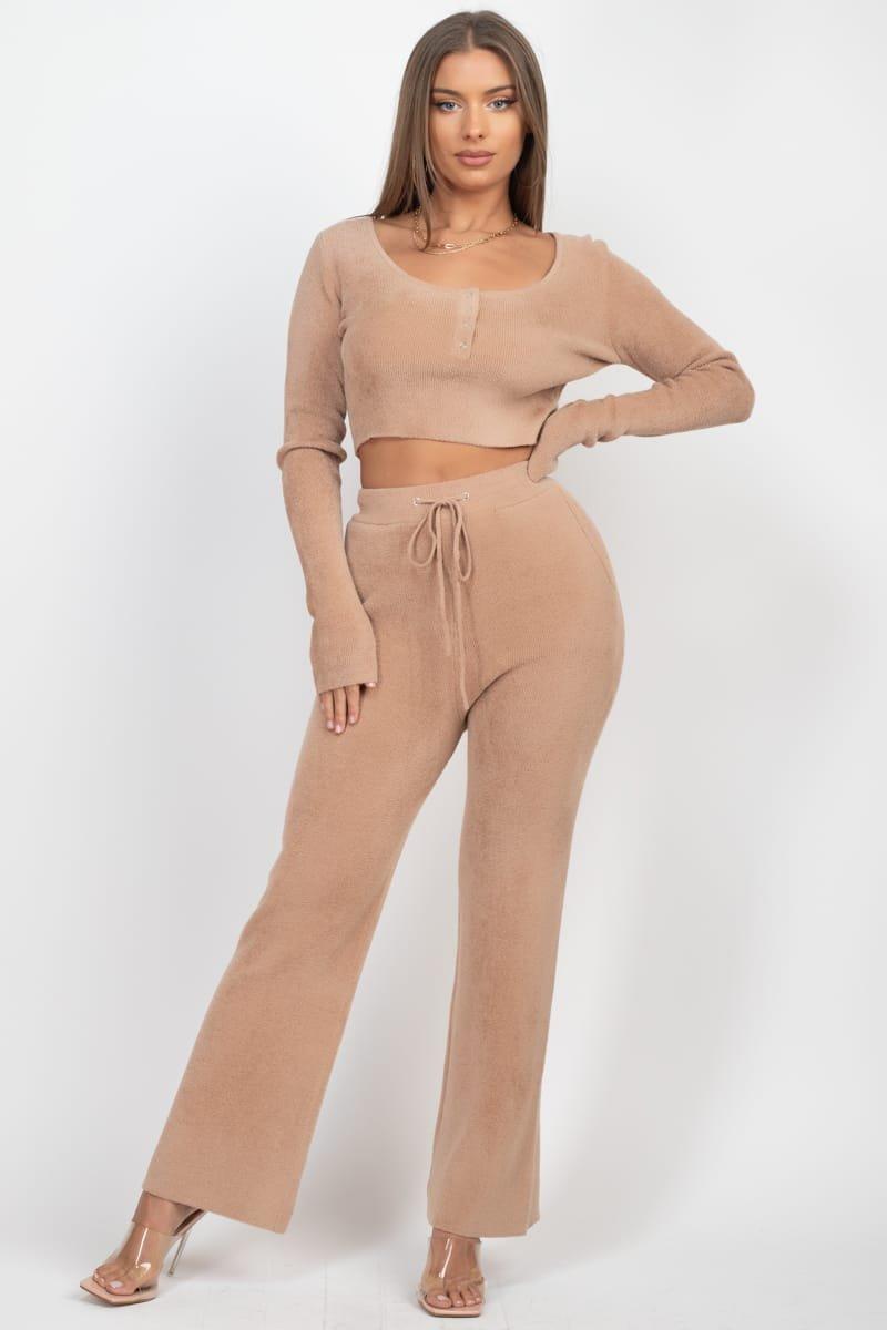 Ladies Soft Touch Deep Scoopneck Knitted Crop Top With Wide Leg Pants Set (S4531SET)