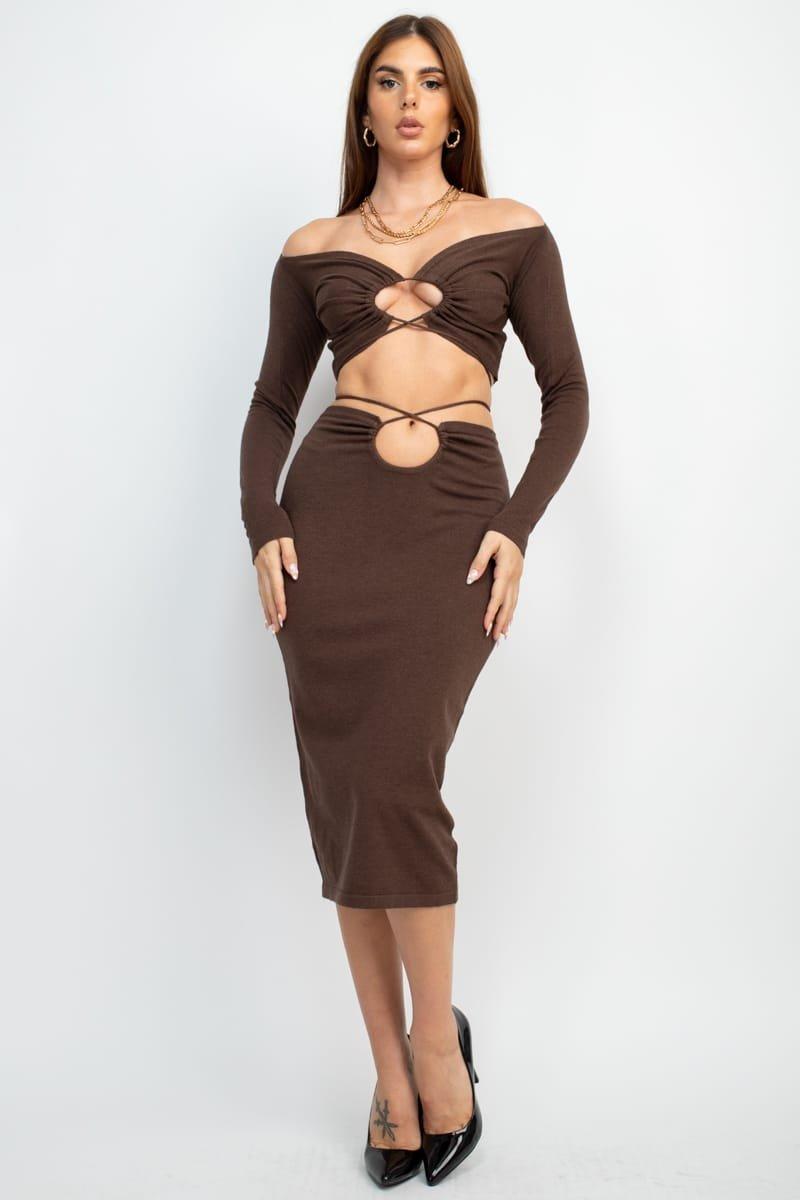 Knit Cut Out Off Shoulder Top W/ Midi Skirt (S4956SET) image