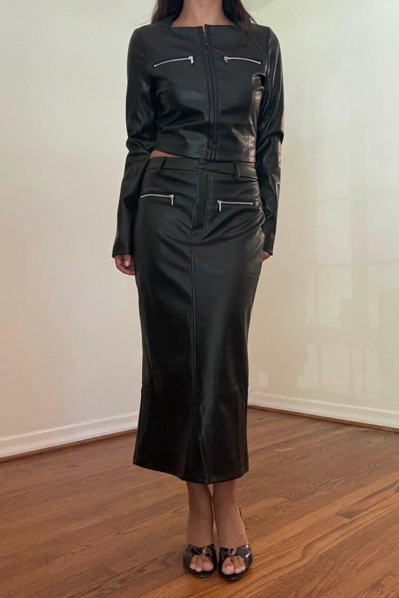 Faux Leather Zipper Detail Midi Skirt (S6795S)