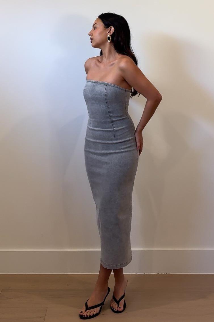 Washed Denim Strapless Tube Top Midi Dress (S7600D) image