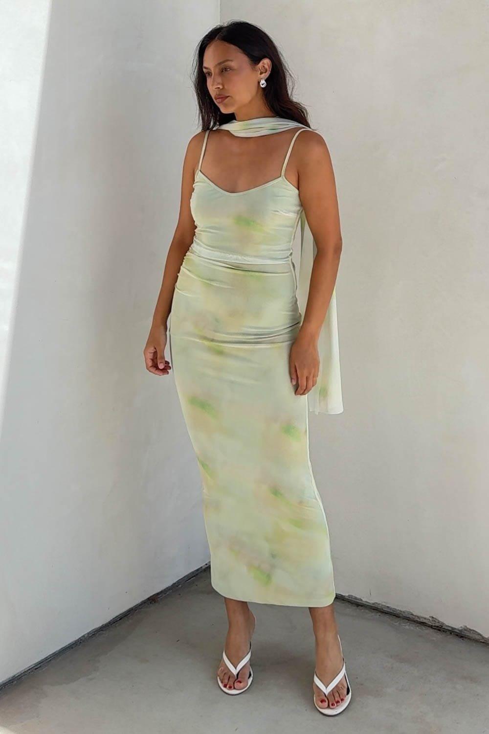 An Ethereal And Romantic Tulle Midi Dress Featuring A Matching Neck Scarf And A Stunning, Soft Watercolor Abstract Print. Style This Dreamy Matching Dress And Scarf Set With Strappy Heels And Silver Drop Earrings For A Sophisticated Cocktail Party Look, Formal Wedding Guest Ensemble, Or An Upscale Garden Event. – Flattering Body-Contouring Silhouette Featuring A Gentle Scoop Neckline And Slender Straps – Fully Lined With High-Stretch Polyester Fabric Ensuring Comfortable Coverage And Movement – Perfect Dress-And-Scarf Set For Summer Weddings, Special Cocktail Parties, Or Date Nights Fabric Content: (S7716D-1) image