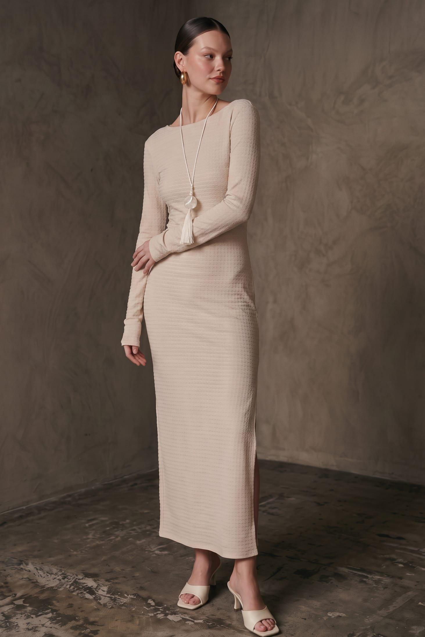 An Elegant Maxi Dress Featuring A Wide Boat Neckline And Long Fitted Sleeves For (Boat) image