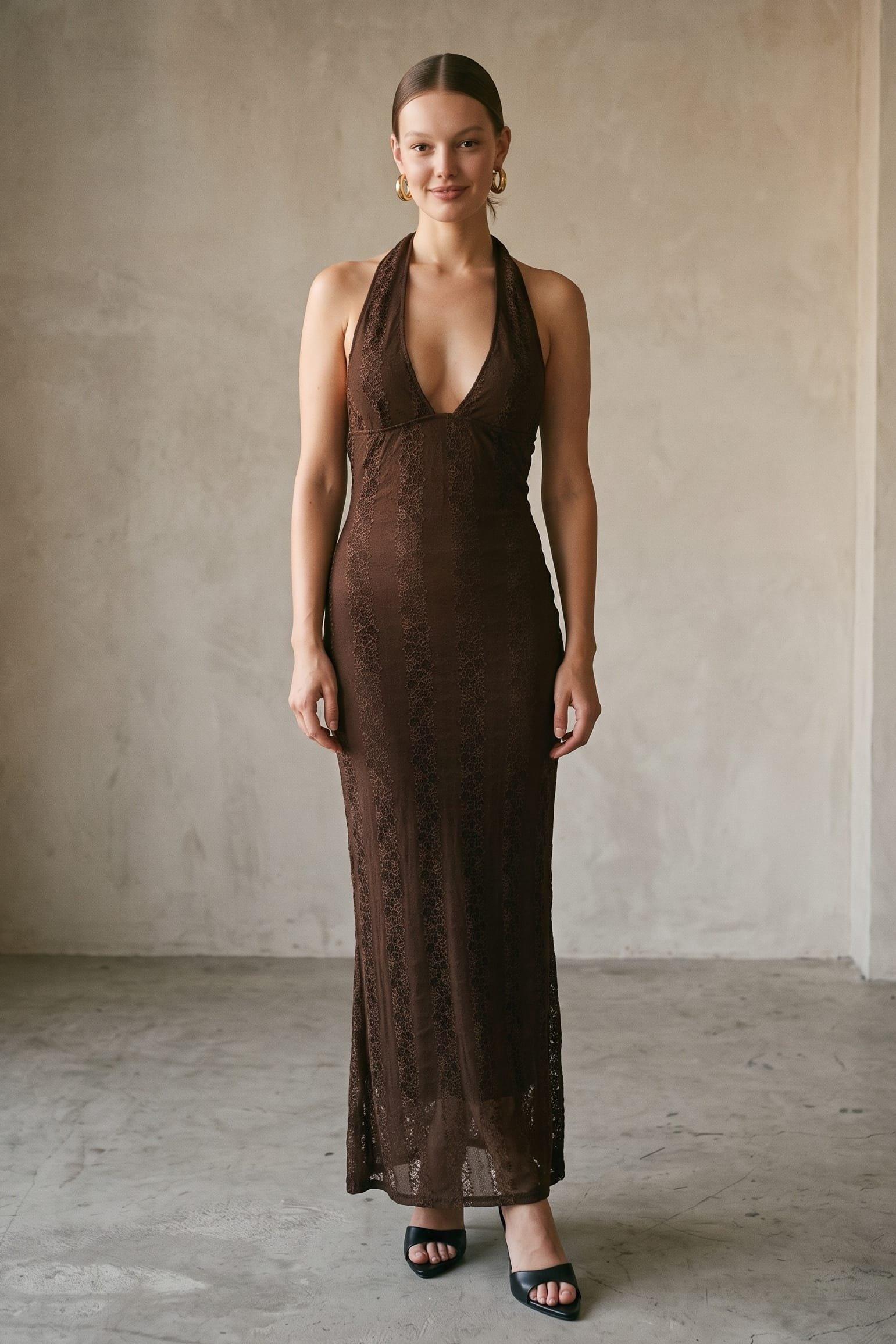 A Lace Maxi Dress Featuring A Deep Plunge Halter Neckline That Ties At The Back (Lace) image